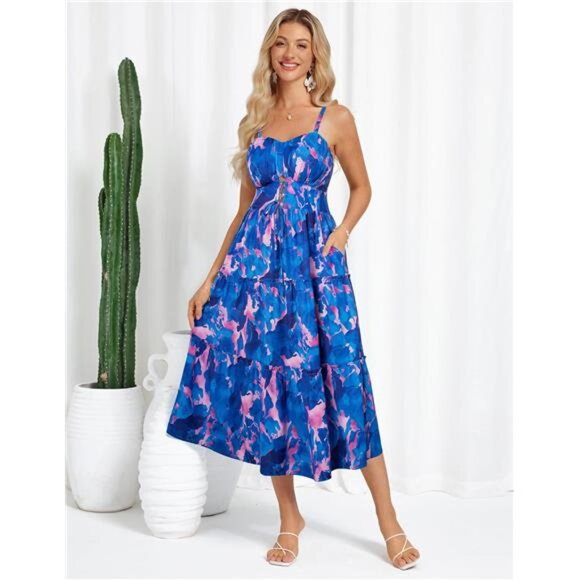 Women's Summer Floral Dress Spaghetti Strap Smocked Tiered Boho Maxi Long Dress - Picture 3 of 7